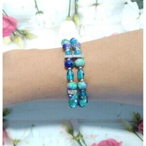 Napier Aqua Blue Purple Beads  Two Layered Bracelet Stretch Beaded